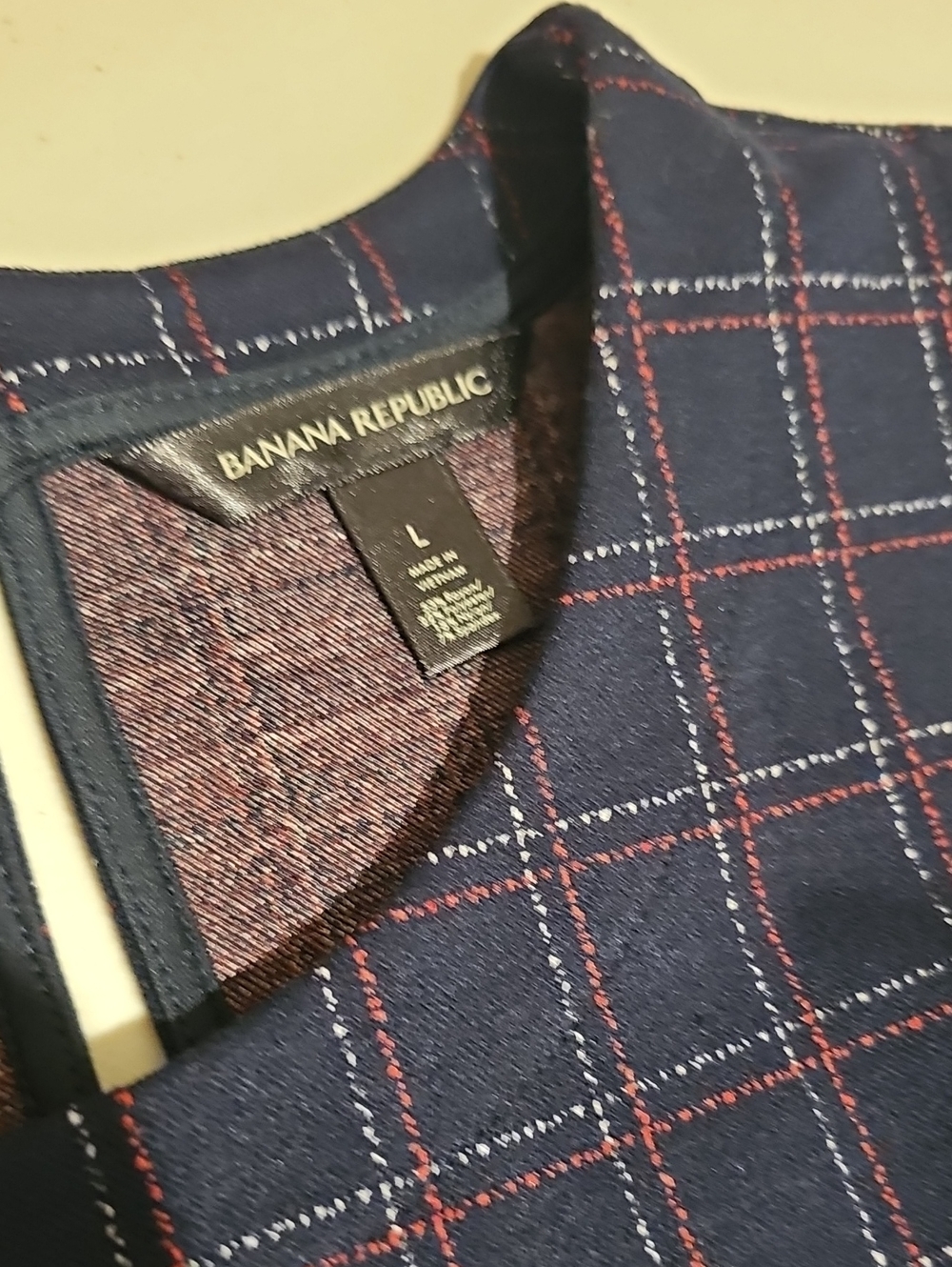 Banana Republic Navy Top with Red and White Windowpane Detail